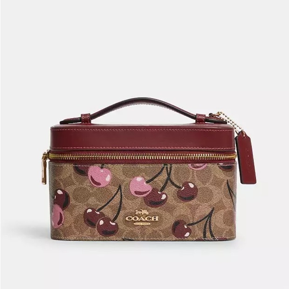 Coach Brown and Red Cosmetic Bag with Cherry Design